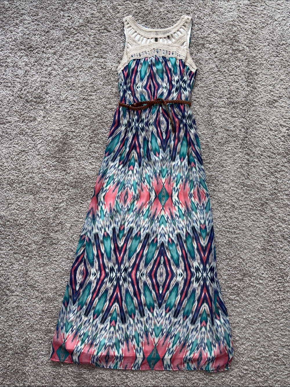 Lily Rose Cream Crochet Yoke Maxi with Teal Pink Navy Ikat